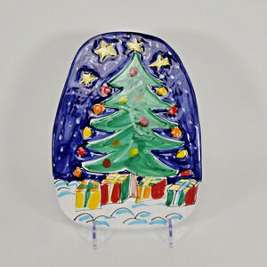 Holiday Christmas Pottery Oval Trivet Made in Italy Tree Stars Presents